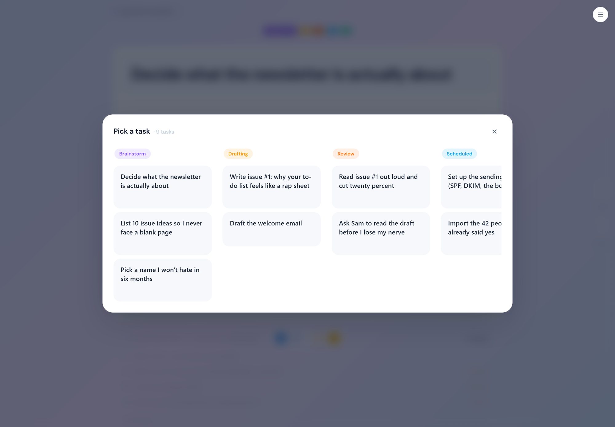 The task picker board: every task, grouped by phase, one keypress away.