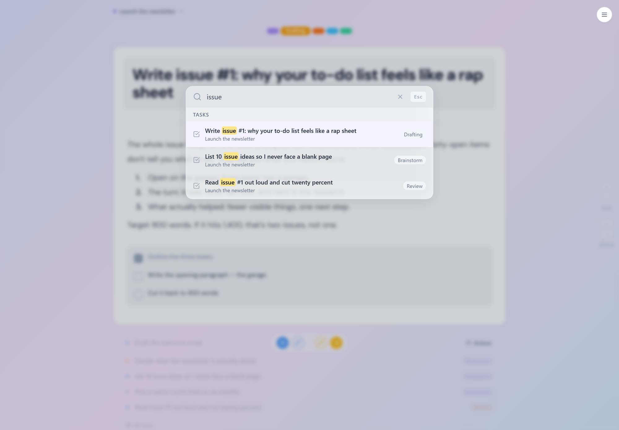 Spotlight search, driven entirely from the keyboard.
